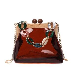 Women Transparent Wooden Frame Durable PVC Plastic Satchel Handbag